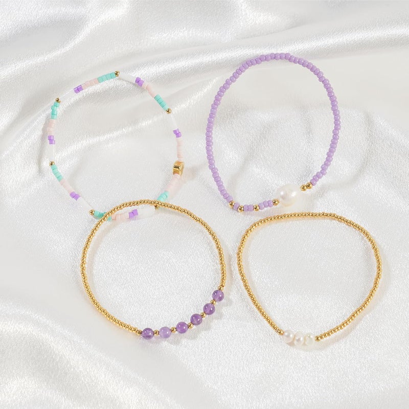 Pymach Store Dainty Gold Plated Pearl Crystal Beaded Bracelets Set for Women 14K Gold Plated Bead Pearl Beads Bracelet Stackable Paperclip Link Chain Bracelets Gold Plated Bracelets for Women Trendy Jewelry - Image 3